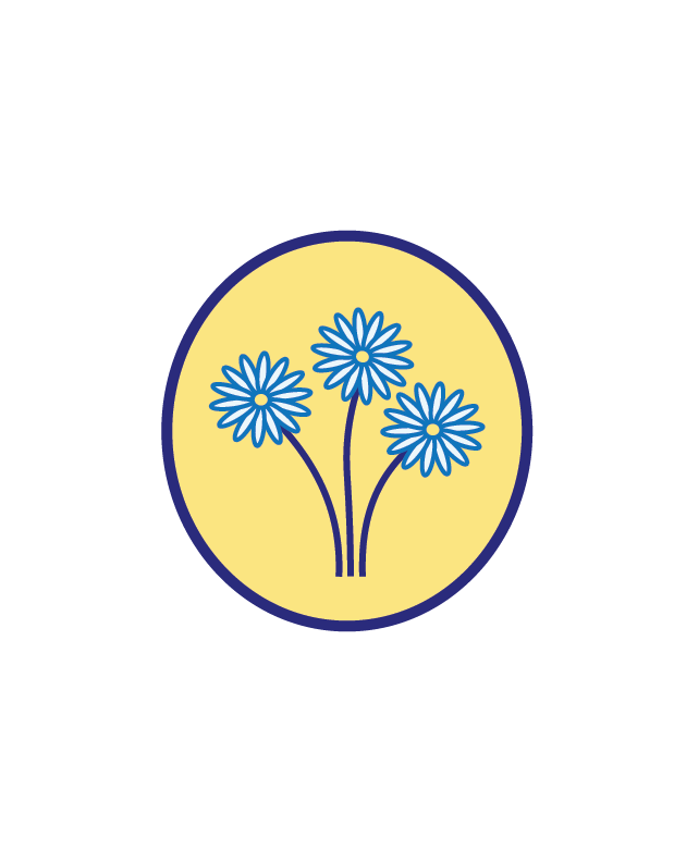 Bundle of 3 daisies in a yellow circle that is outlined in purple.