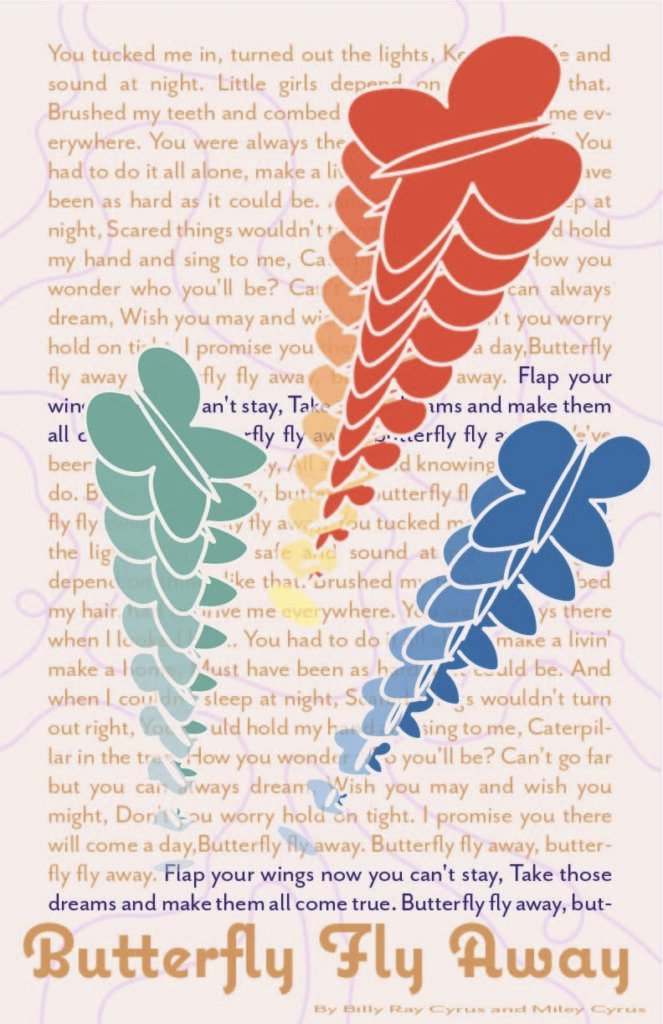 The lyrics to the song Butterfly Fly Away by Miley and Billy Ray Cyrus and  images of butterflies layered on top.